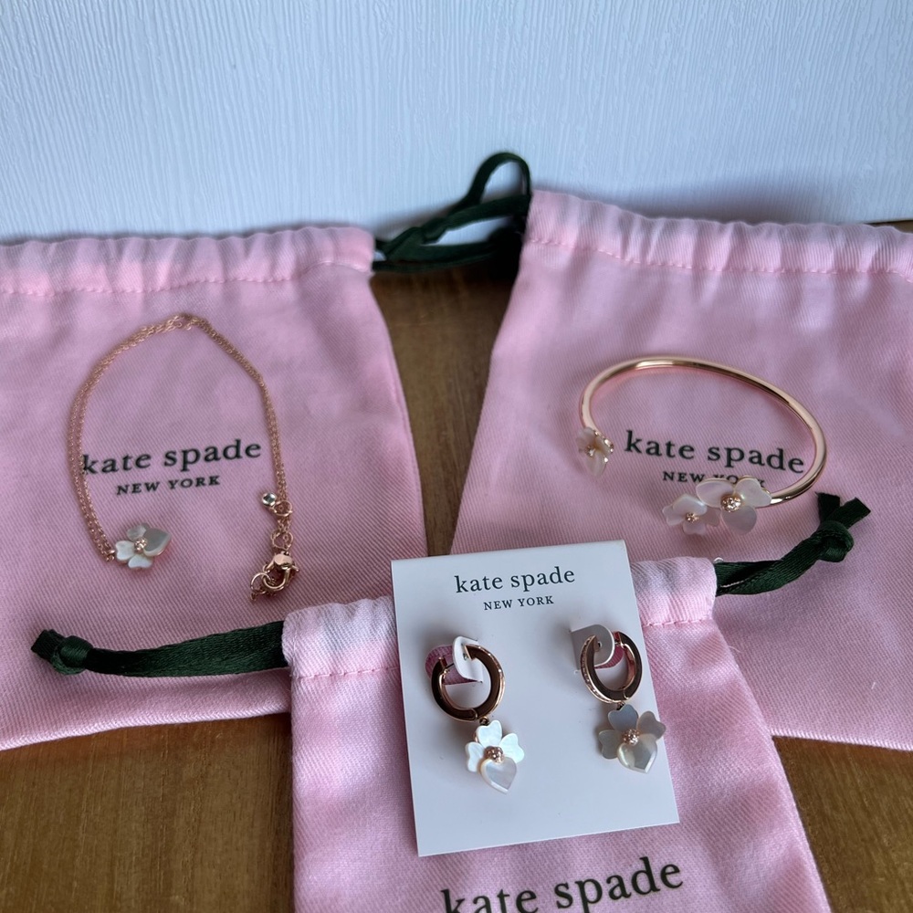 Kate spade pansy set(Earrings, necklace, and cuff). Dust bags included